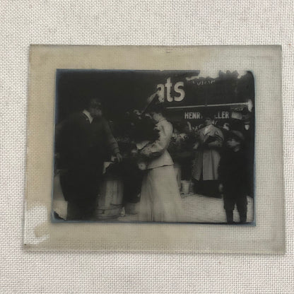 Antique Glass Plate Lantern Slide Photo Man Woman Child in Market Beard