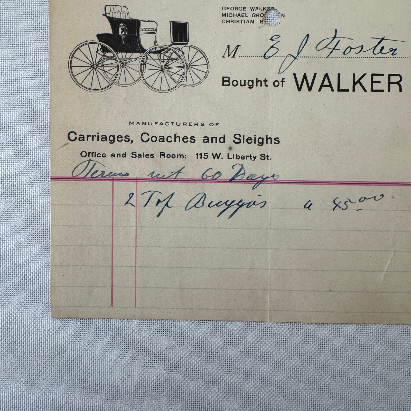 Walker and Company Receipt Letterhead Document 1908 Carriage Sleigh Ann Arbor MI