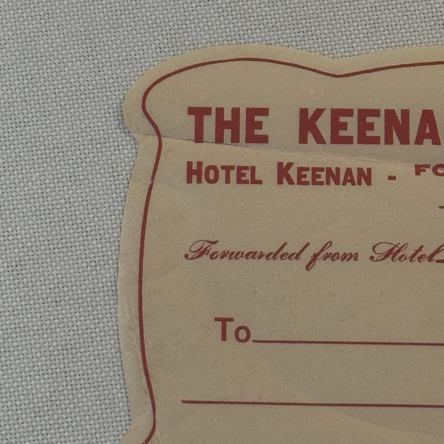 Vintage Hotel Travel Luggage Label Keenan Hotel System Fort Wayne Indiana