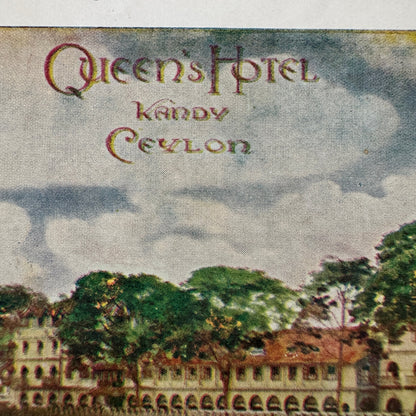 Vintage Hotel Travel Luggage Label Queen's Hotel Kandy Ceylon Sri Lanka