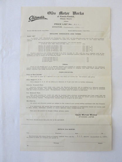 1920 Oldsmobile 45B Motor Car Factory Pricing Document Letterhead 