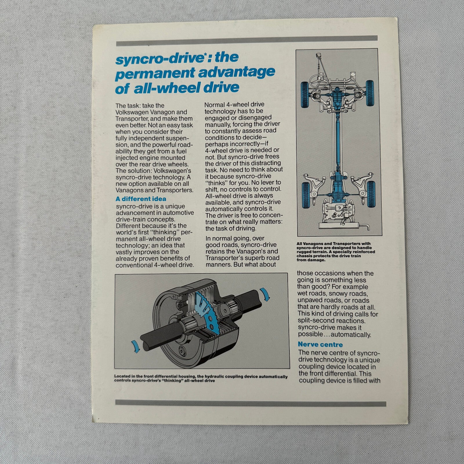 1986 Volkswagen VW Vanagon Van Syncro Drive Sales Sheet Brochure
