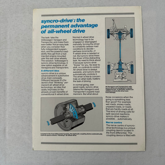 1986 Volkswagen VW Vanagon Van Syncro Drive Sales Sheet Brochure