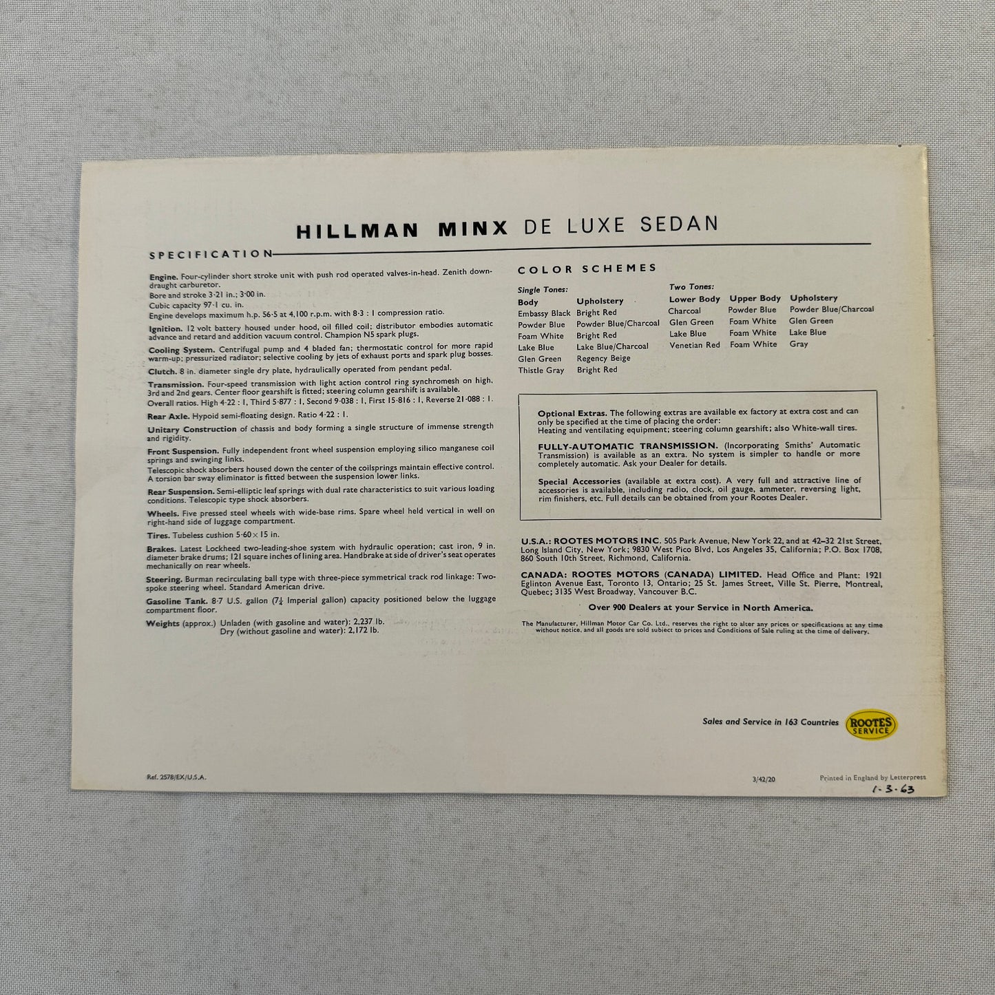 Hillman Minx De Luxe Sedan Car Sales Brochure Catalog Advertising Vintage