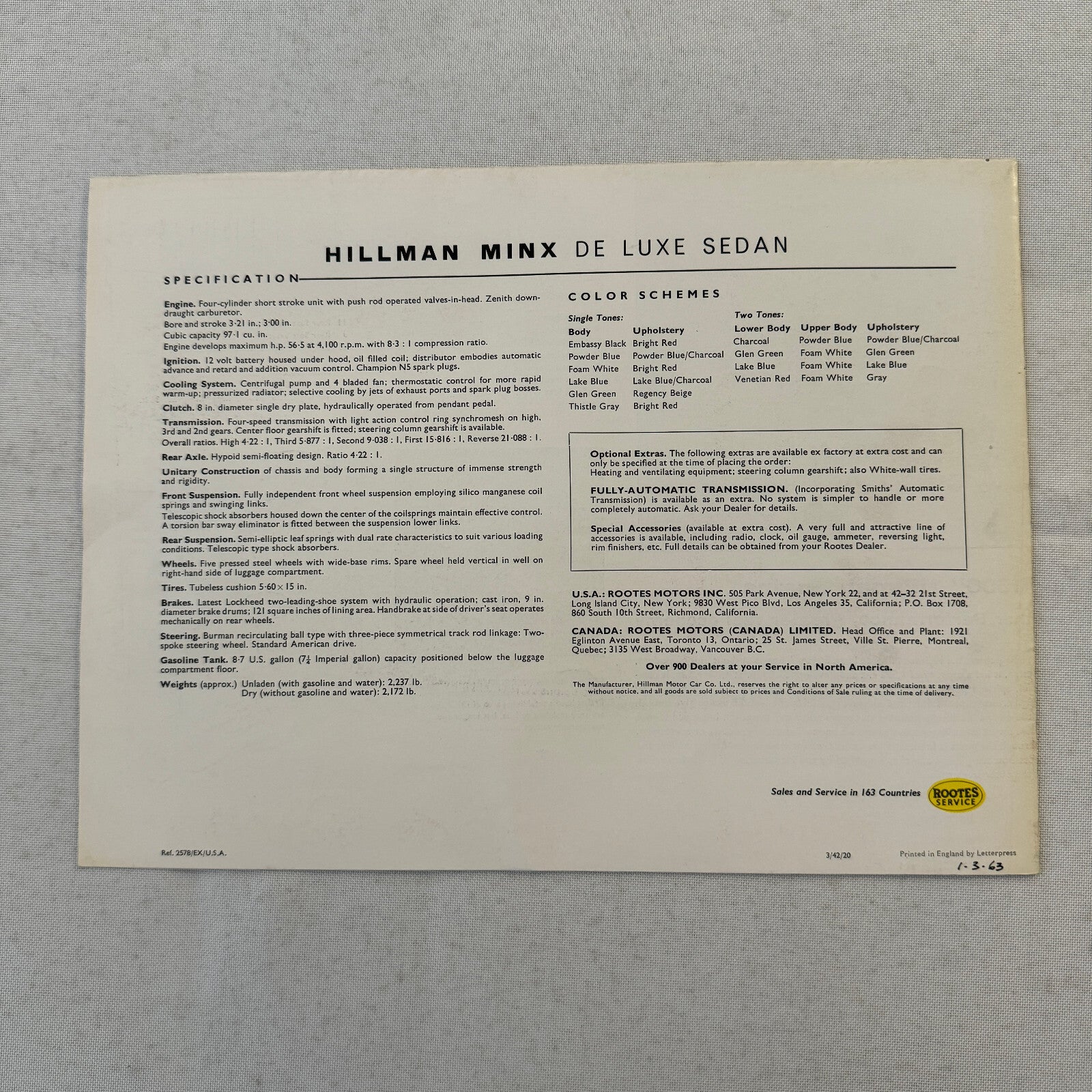 Hillman Minx De Luxe Sedan Car Sales Brochure Catalog Advertising Vintage