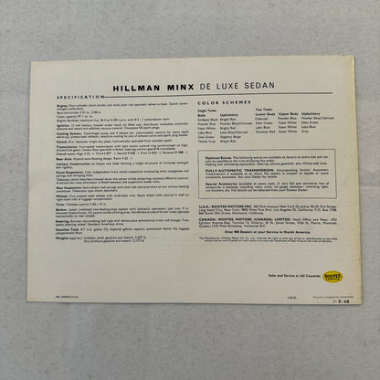 Hillman Minx De Luxe Sedan Car Sales Brochure Catalog Advertising Vintage