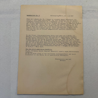 1951 AVD European Grand Prix at Nurburgring Racing Race Document Lot 11x