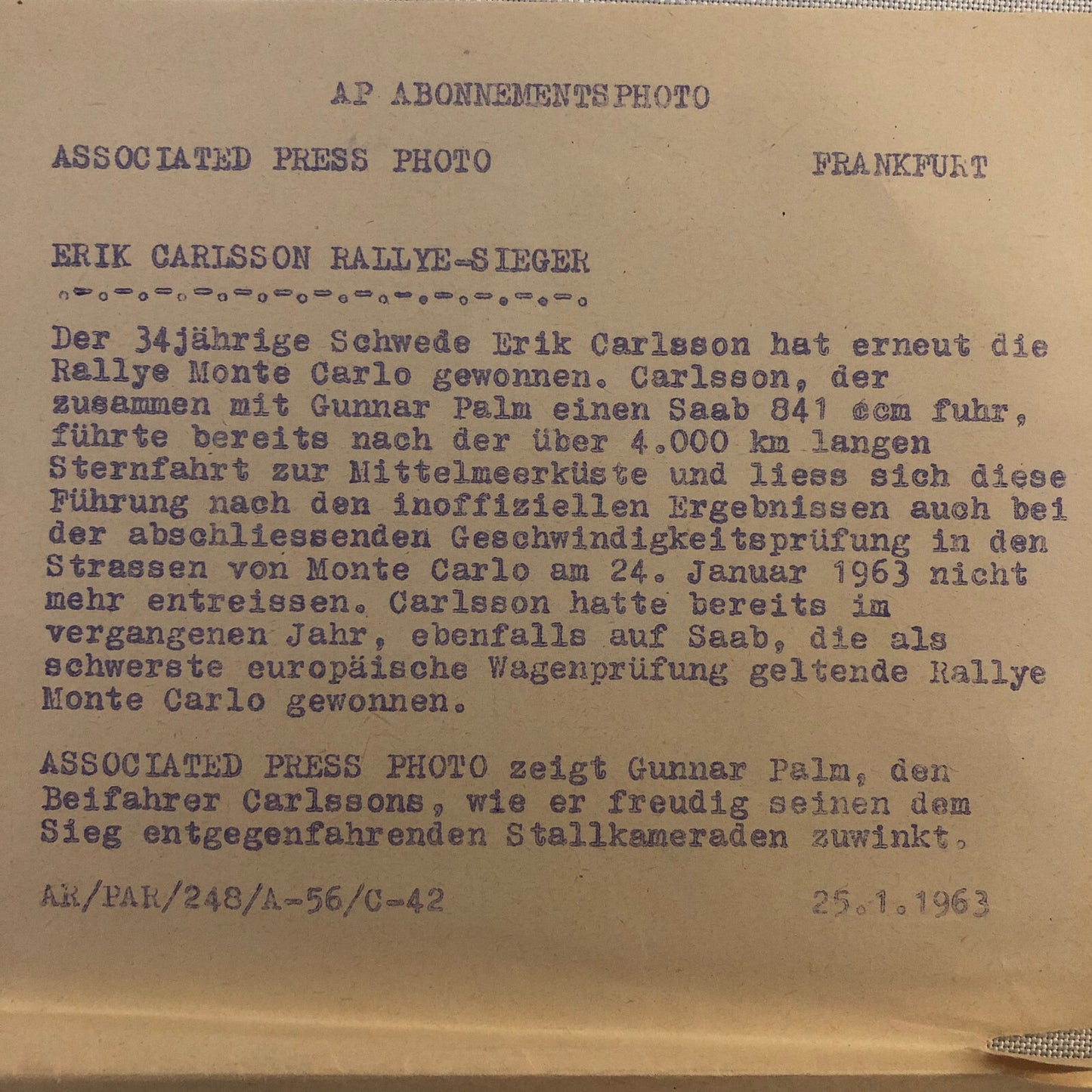 Vintage 1963 Saab Erik Carlsson Rallye Monte Carlo Rally Press Photo Photograph 