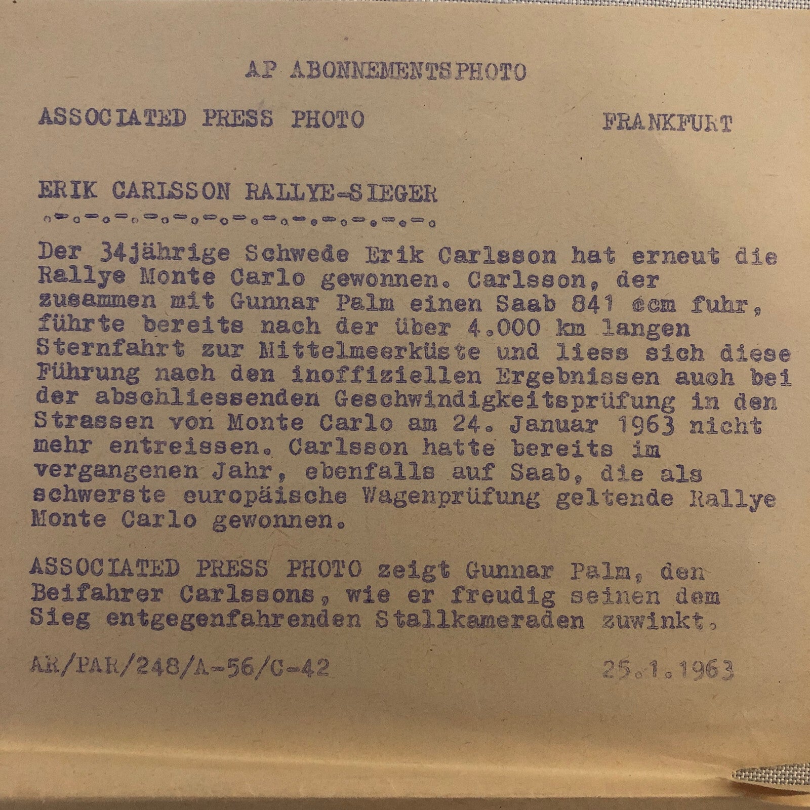 Vintage 1963 Saab Erik Carlsson Rallye Monte Carlo Rally Press Photo Photograph 