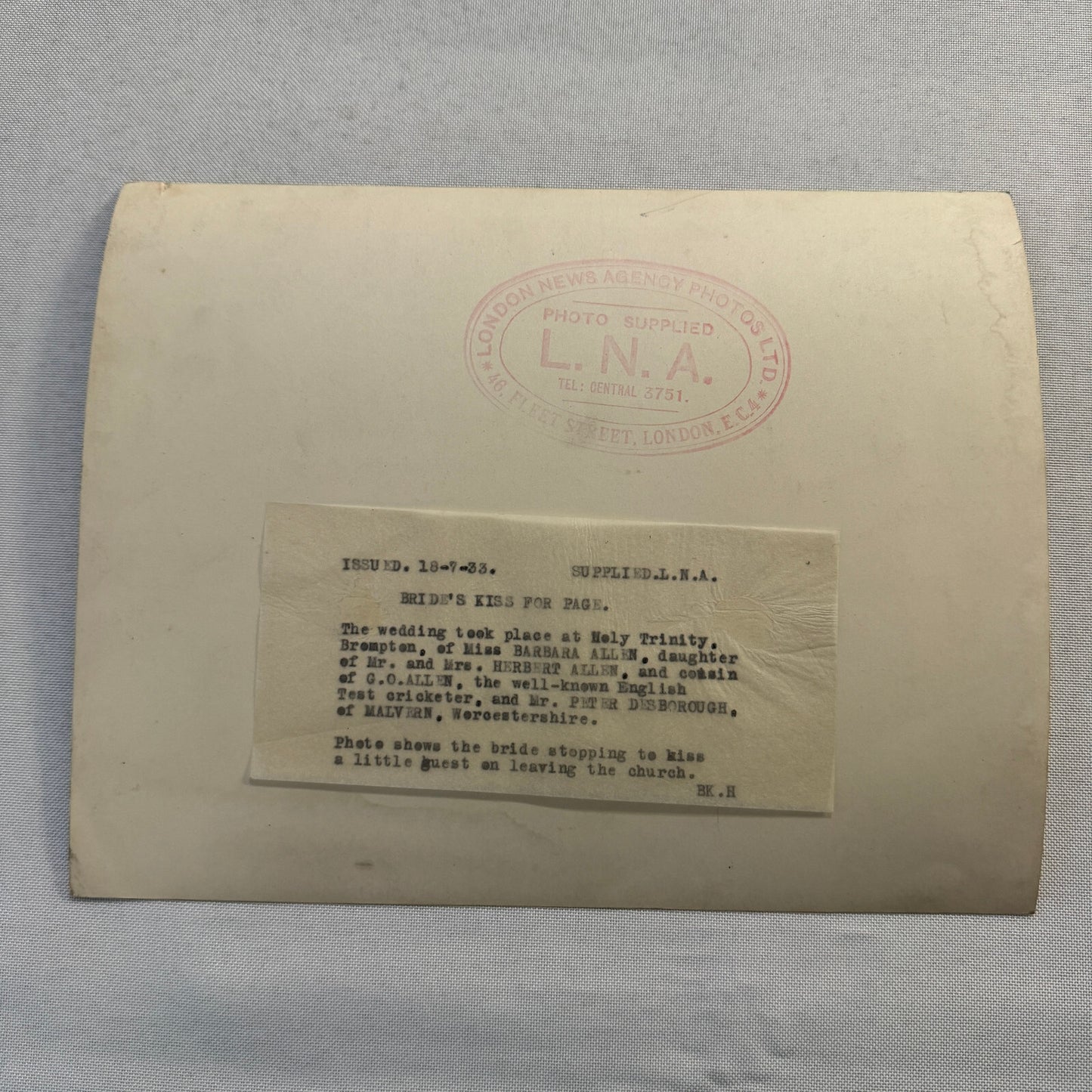 1933 Wedding Press Photo Photograph British London News Agency Cricketer