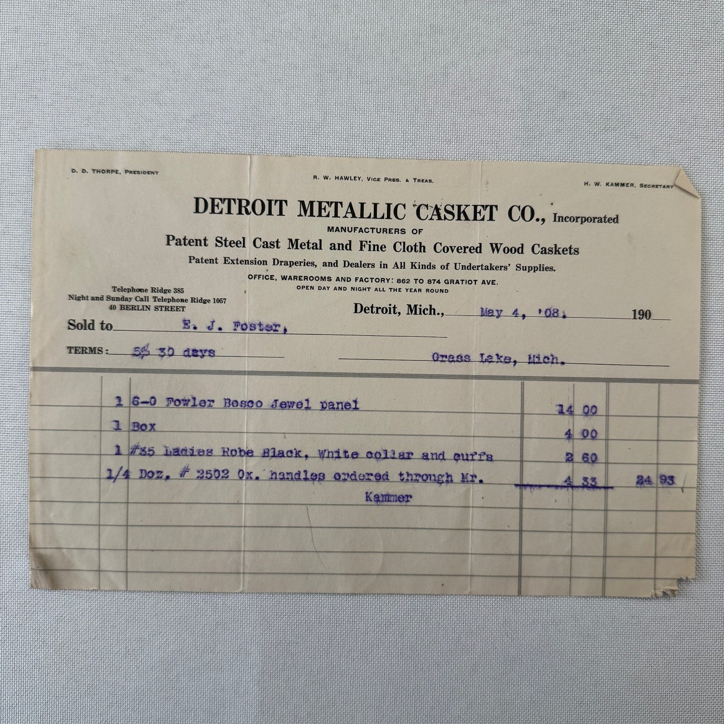 Detroit Metallic Casket Company 1908 Invoice Receipt Document Lot 3x Funeral