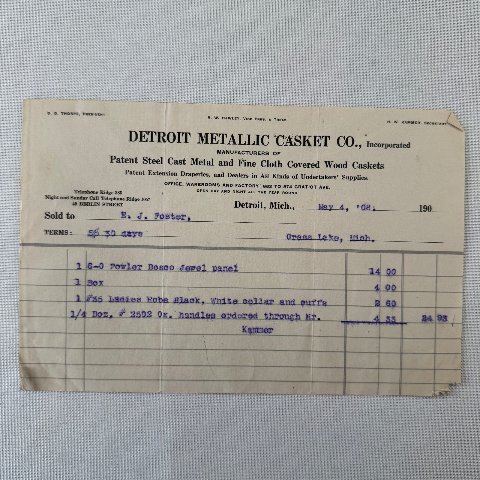 Detroit Metallic Casket Company 1908 Invoice Receipt Document Lot 3x Funeral