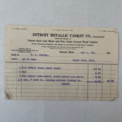 Detroit Metallic Casket Company 1908 Invoice Receipt Document Lot 3x Funeral
