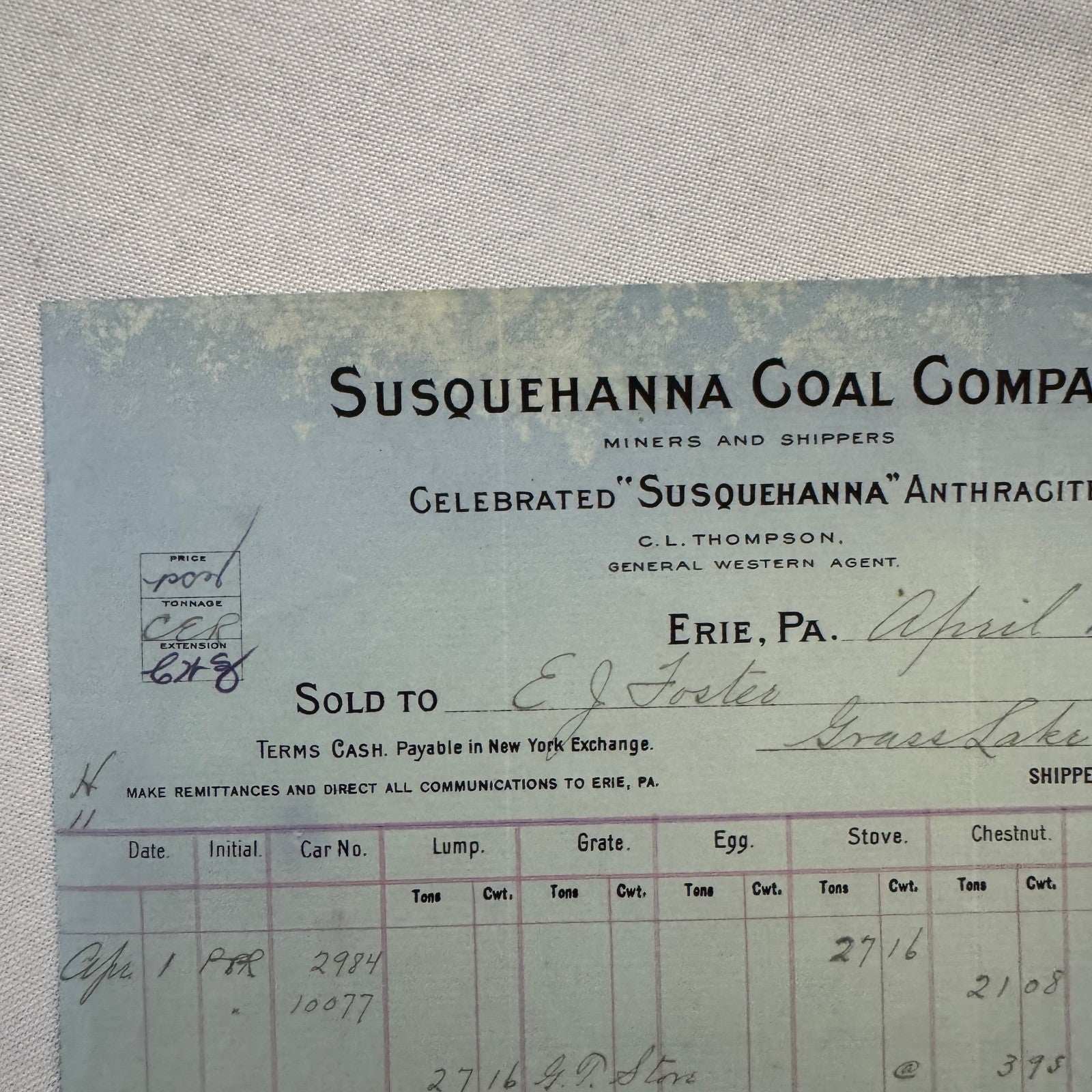 1908 Susquehanna Coal Company Invoice Receipt Document Lot 6x Erie Pennsylvania
