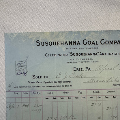 1908 Susquehanna Coal Company Invoice Receipt Document Lot 6x Erie Pennsylvania