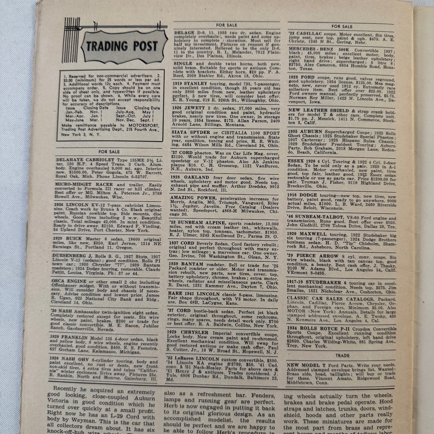 1955 Motorsport Magazine Racing Mercedes Benz 300SL Porsche Speedster Chrysler