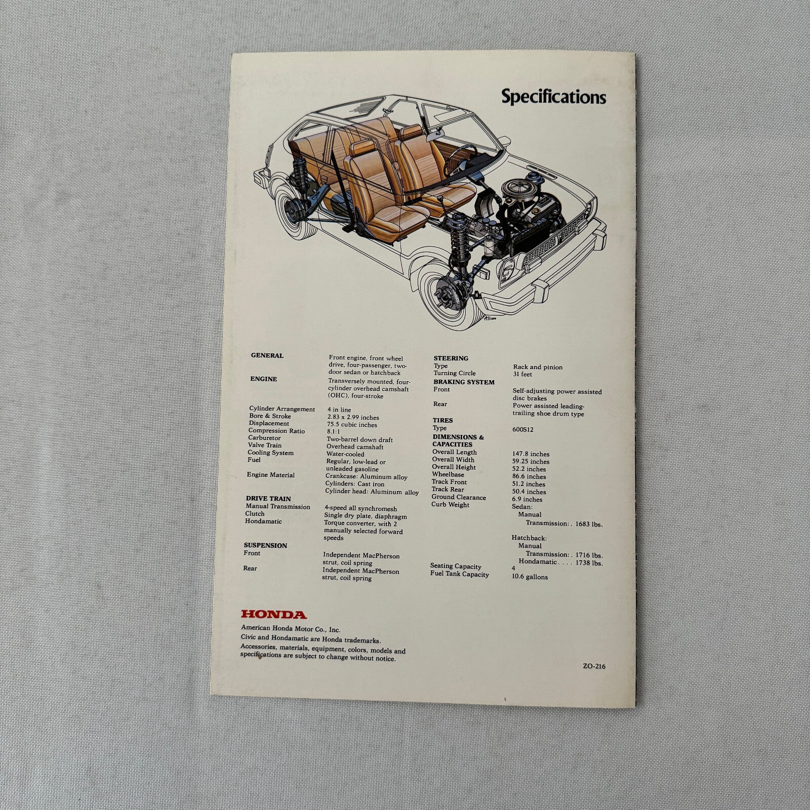 Honda Civic Sedan and Hatchback Sales Brochure Catalog 1976 1977