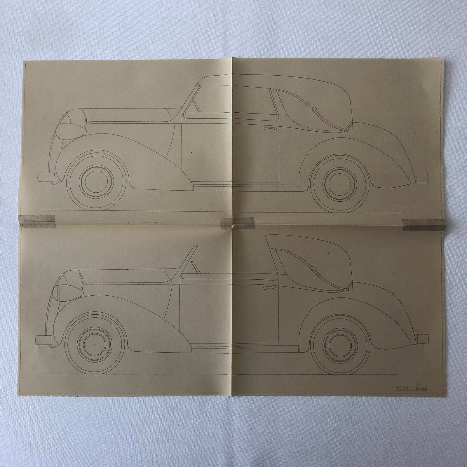 1936 Coachbuilder Car Design Blueprint Rendering Blue Print Coupe Cabriolet 