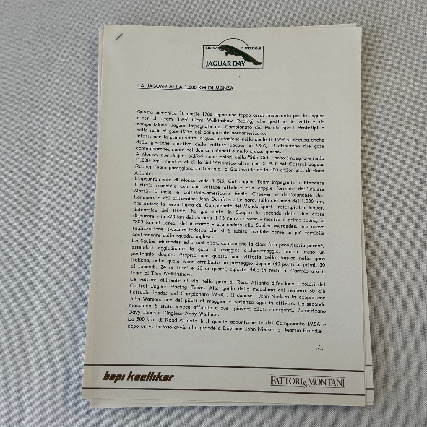 1988 Jaguar Silk Cut Racing Press Kit Photos Jaguar Day at Monza ITALIAN