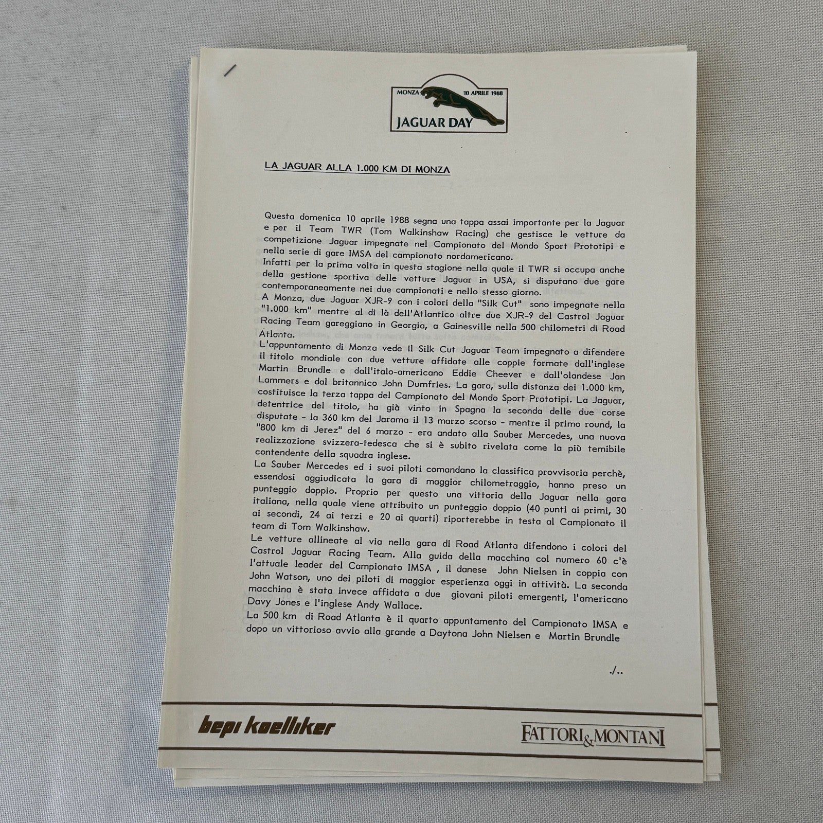 1988 Jaguar Silk Cut Racing Press Kit Photos Jaguar Day at Monza ITALIAN