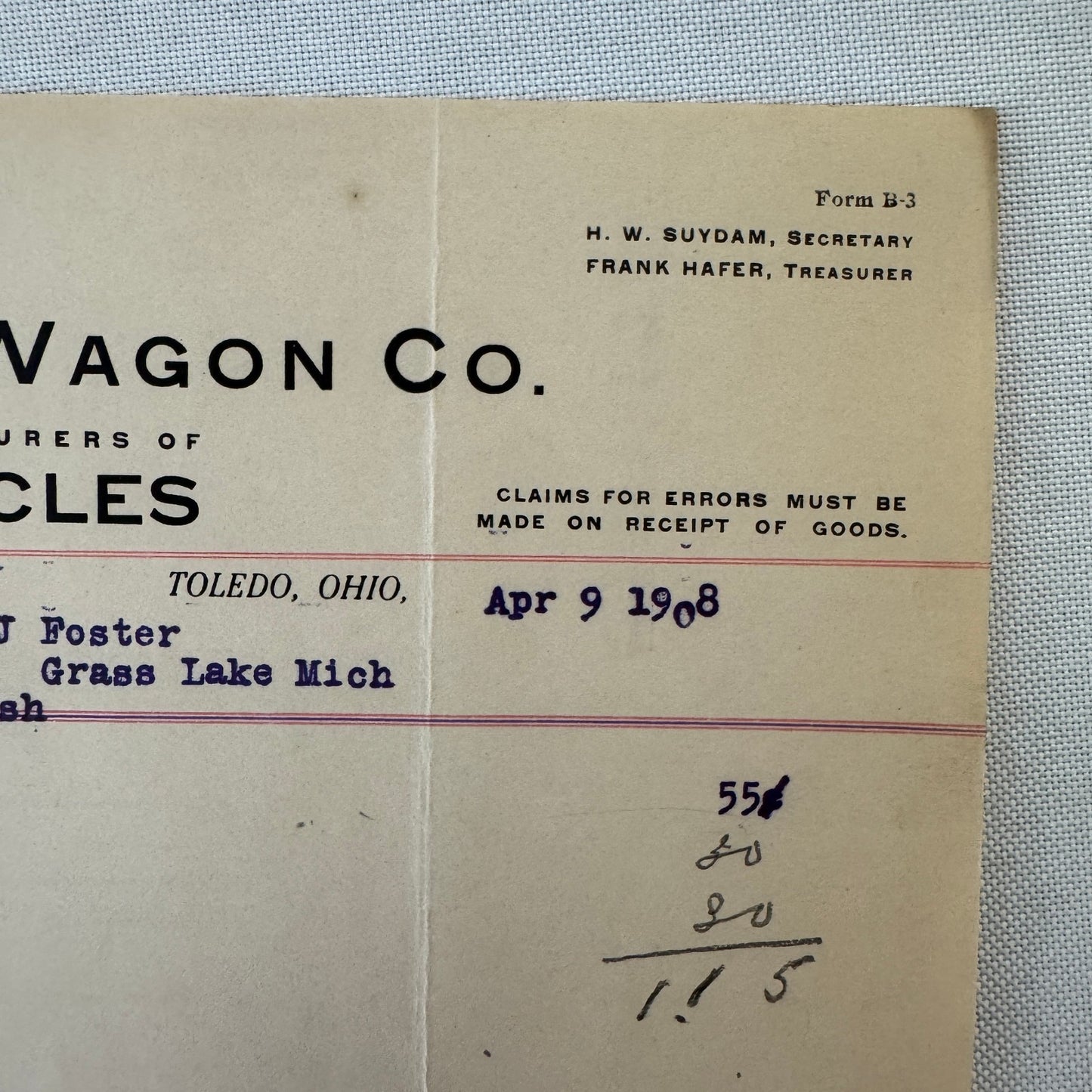 Milburn Wagon Company 1908 Toledo Ohio Invoice Receipt Document Lot 2x Antique