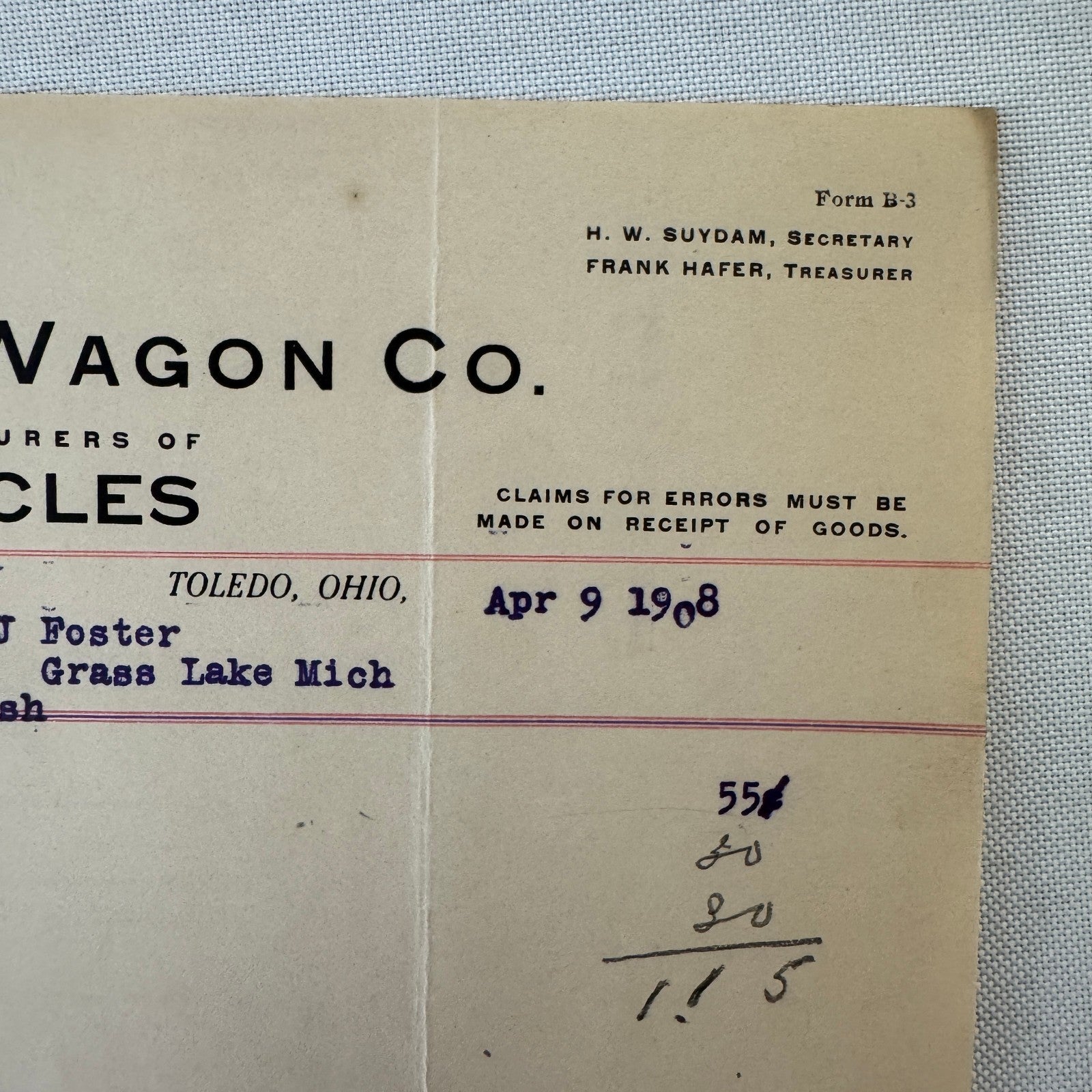 Milburn Wagon Company 1908 Toledo Ohio Invoice Receipt Document Lot 2x Antique