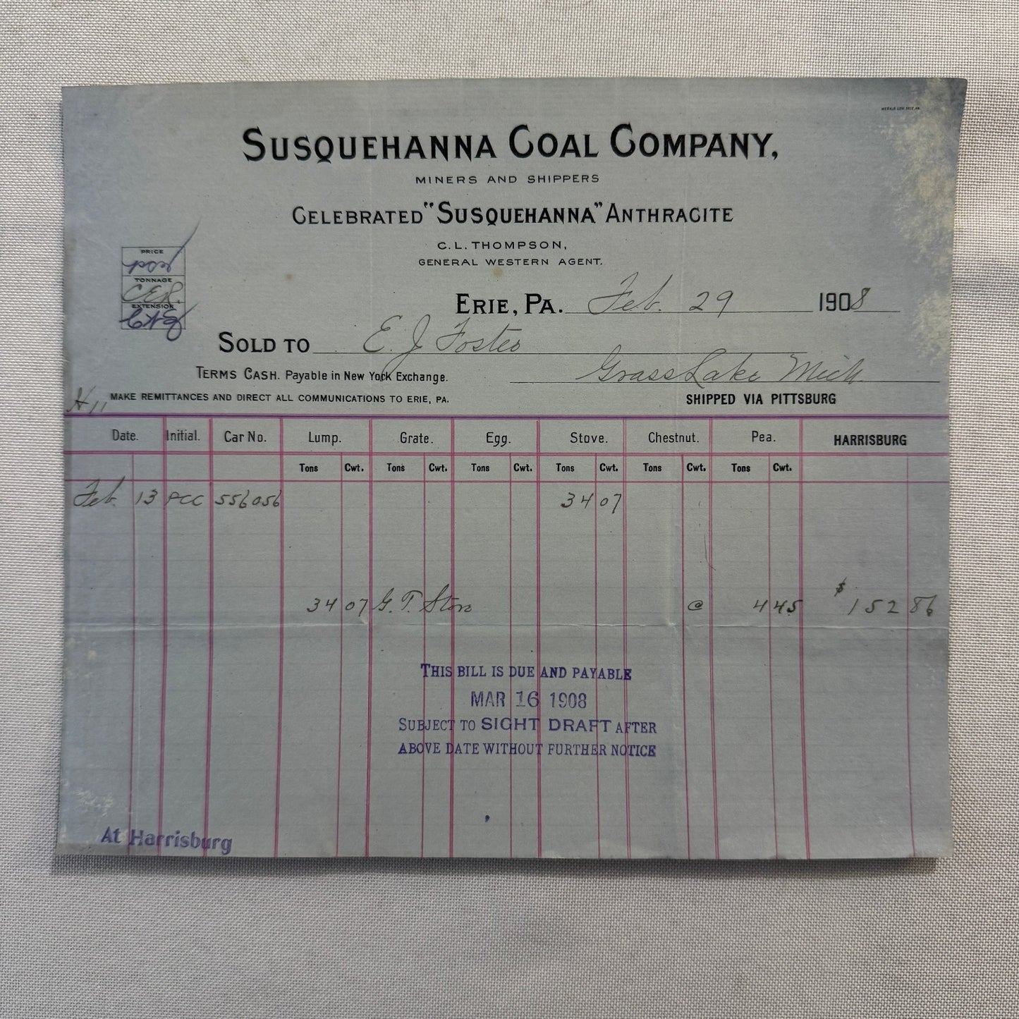 1908 Susquehanna Coal Company Invoice Receipt Document Lot 6x Erie Pennsylvania