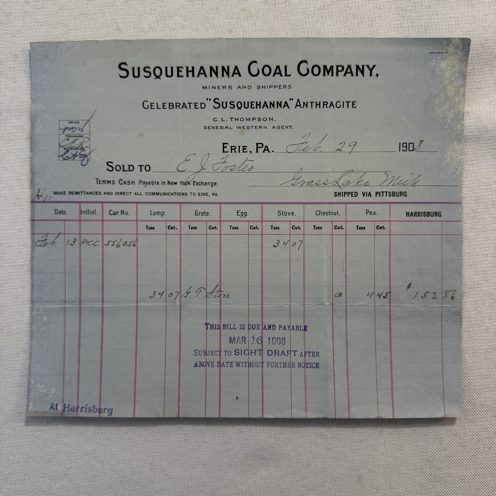 1908 Susquehanna Coal Company Invoice Receipt Document Lot 6x Erie Pennsylvania