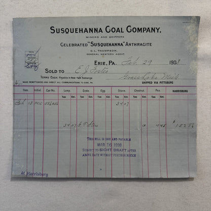 1908 Susquehanna Coal Company Invoice Receipt Document Lot 6x Erie Pennsylvania