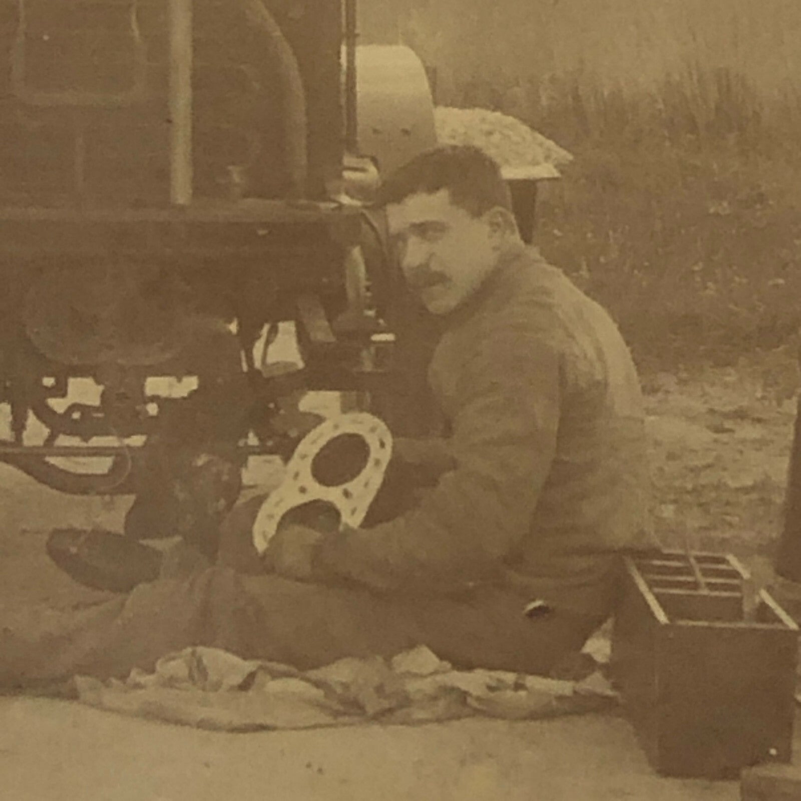 Antique Photo Photograph Print Men Fixing Early Automobile Car Vehicle Italian ?