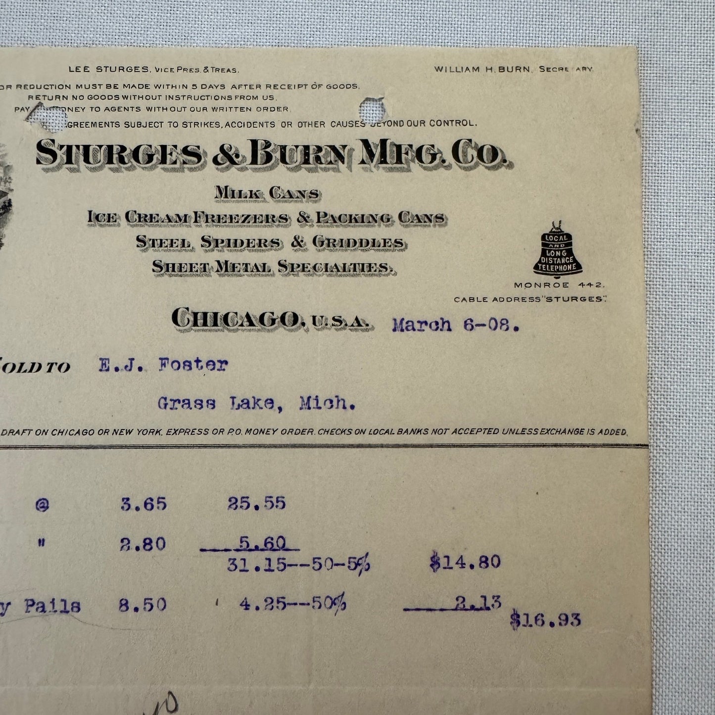 Sturges & Burn Manufacturing Company Chicago 1908 Invoice Document Lot 2x Cans