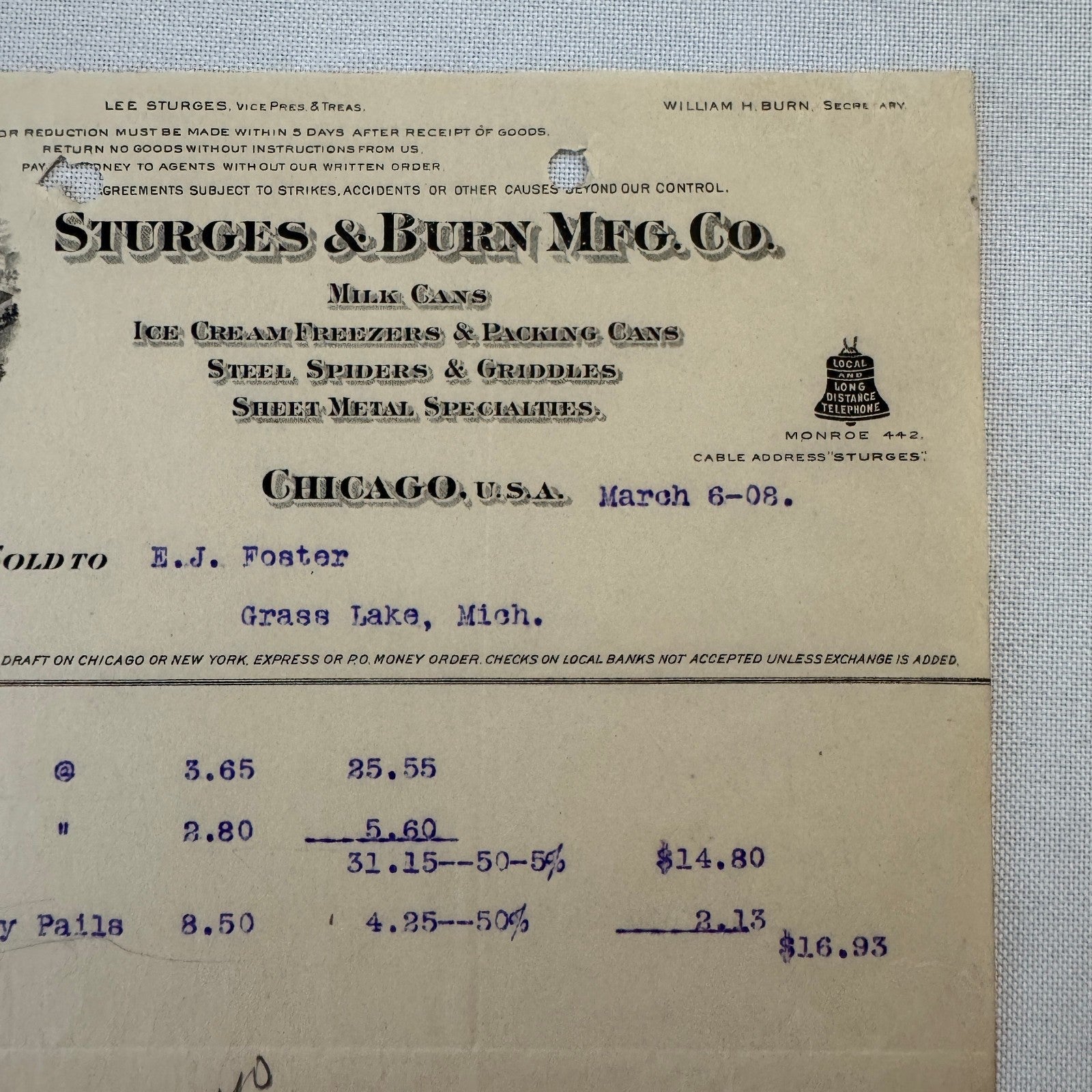 Sturges & Burn Manufacturing Company Chicago 1908 Invoice Document Lot 2x Cans