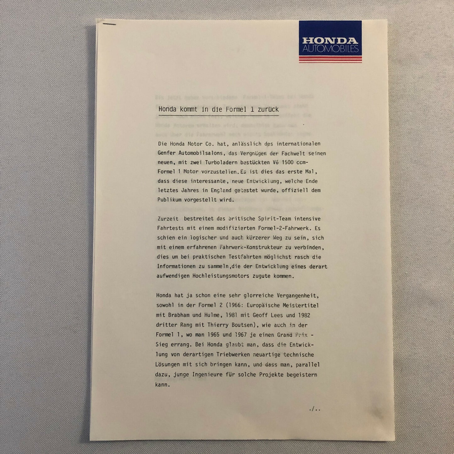 1983 Honda F1 Racing Press Kit Formula One Cars Photo + GERMAN Text 