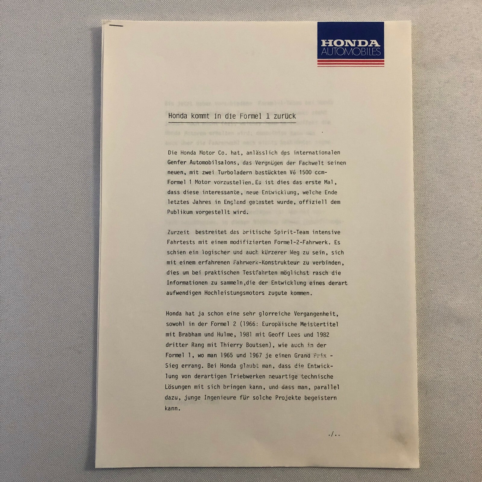 1983 Honda F1 Racing Press Kit Formula One Cars Photo + GERMAN Text 