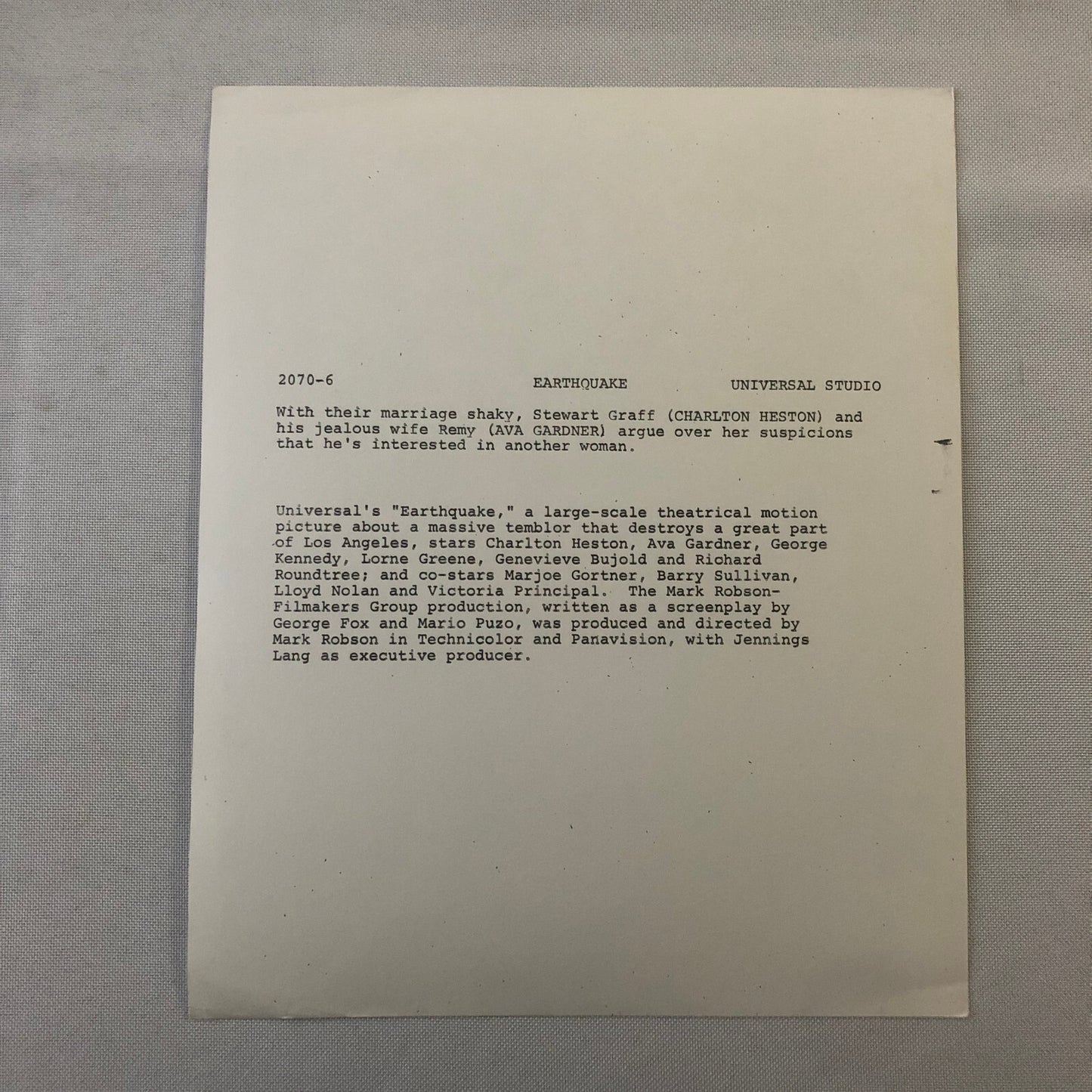 Earthquake Movie Film Charlton Heston Ava Gardner Photo Photograph Print