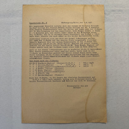 1951 AVD European Grand Prix at Nurburgring Racing Race Document Lot 11x