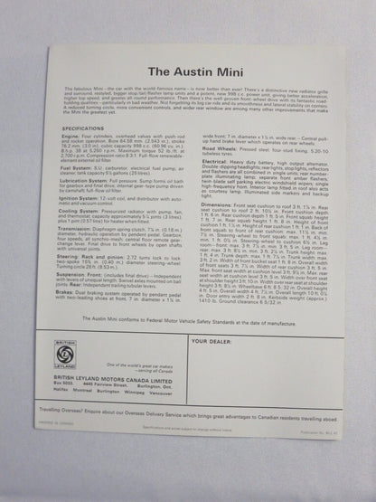 Vintage Austin Mini Sales Sheet Brochure Advertising 