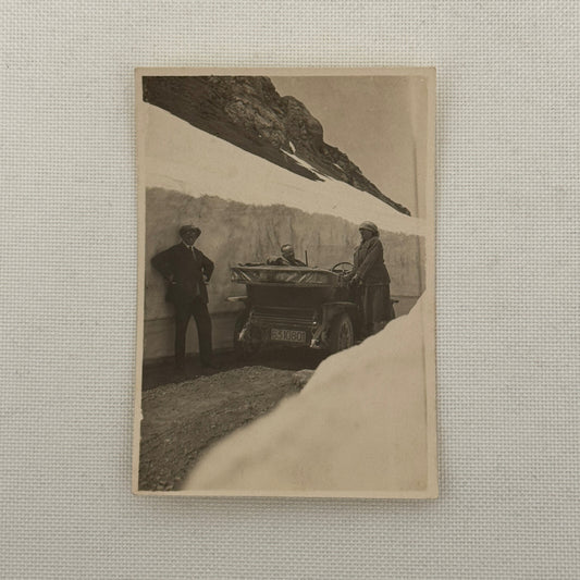 Vintage Photograph Photo Antique Car Automobile People in Snow Mountain