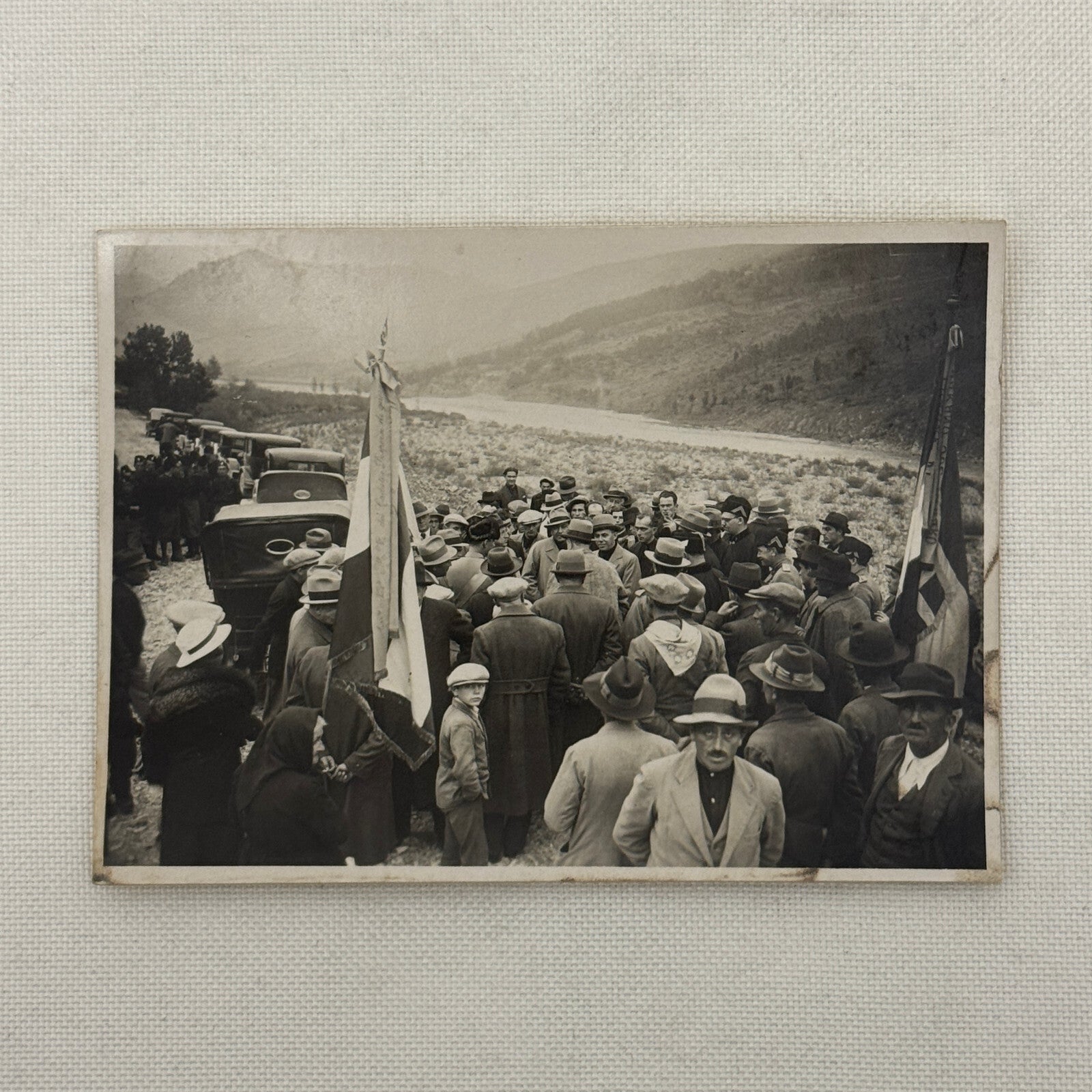 Vintage Photograph Crowd of People with Early Antique Cars Automobiles