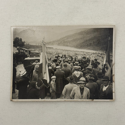Vintage Photograph Crowd of People with Early Antique Cars Automobiles