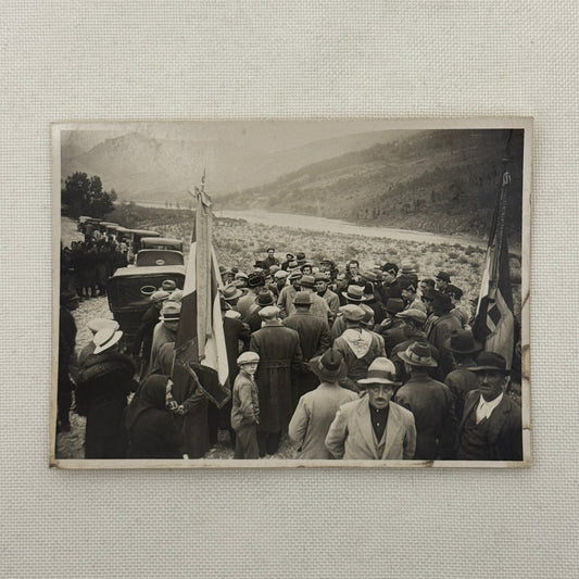 Vintage Photograph Crowd of People with Early Antique Cars Automobiles