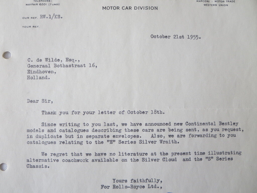 1955 Rolls Royce Limited Letter Letterhead Document Bentley Continental Wraith