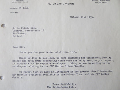 1955 Rolls Royce Limited Letter Letterhead Document Bentley Continental Wraith