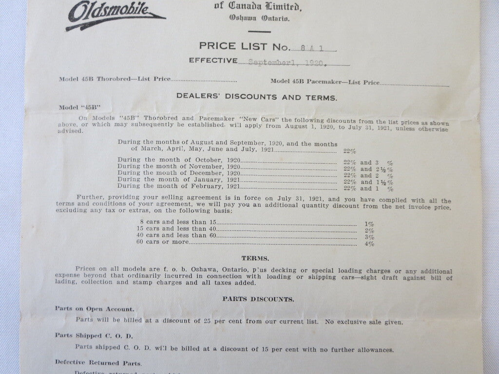 1920 Oldsmobile 45B Motor Car Factory Pricing Document Letterhead 