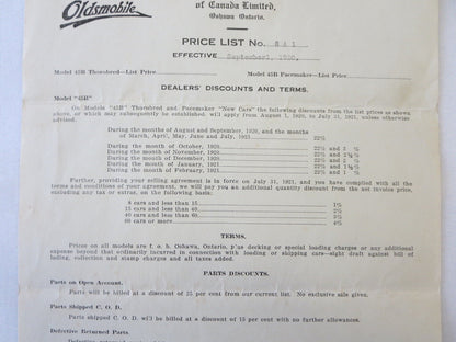 1920 Oldsmobile 45B Motor Car Factory Pricing Document Letterhead 
