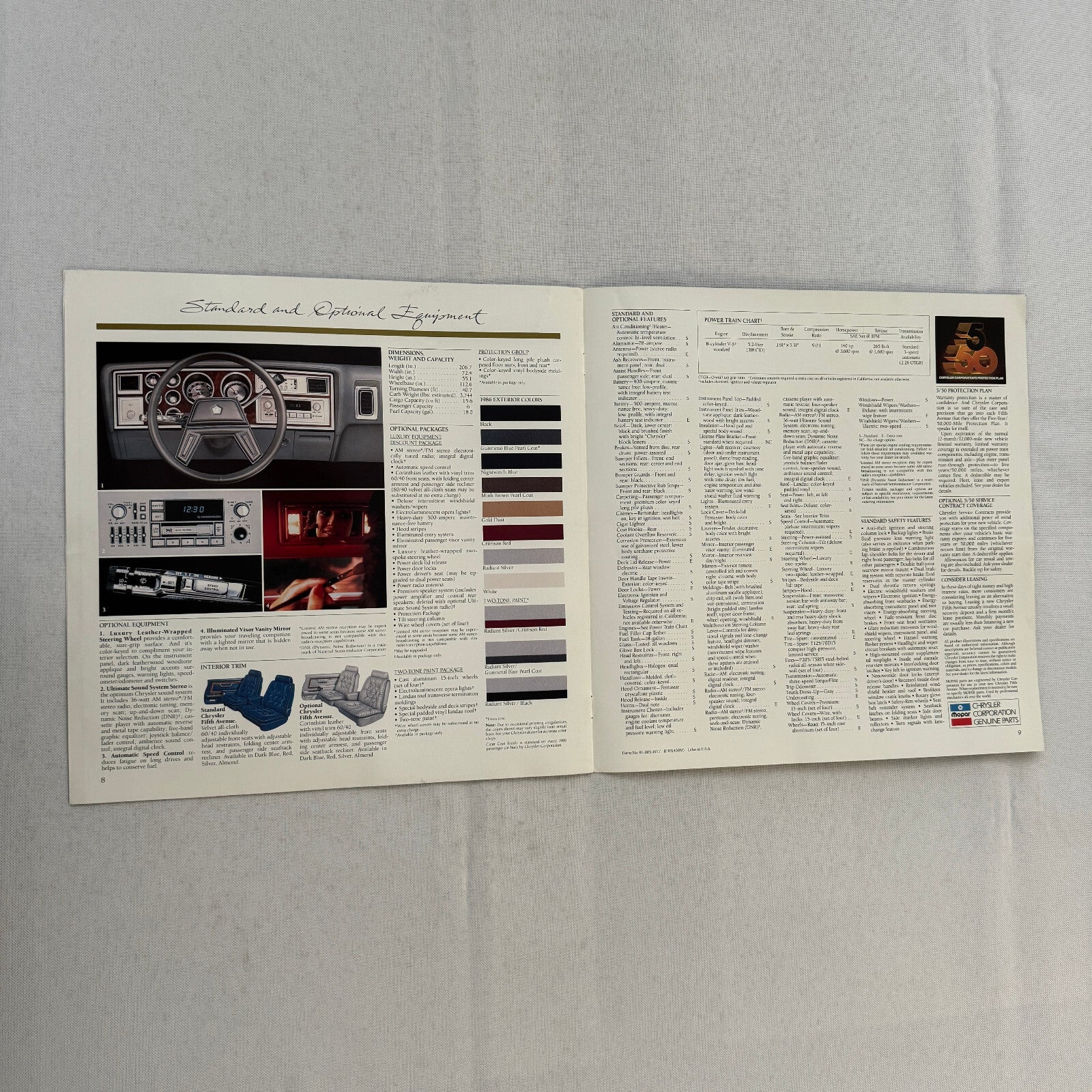 1986 Chrysler Fifth Avenue Car Sales Brochure Catalog Advertising