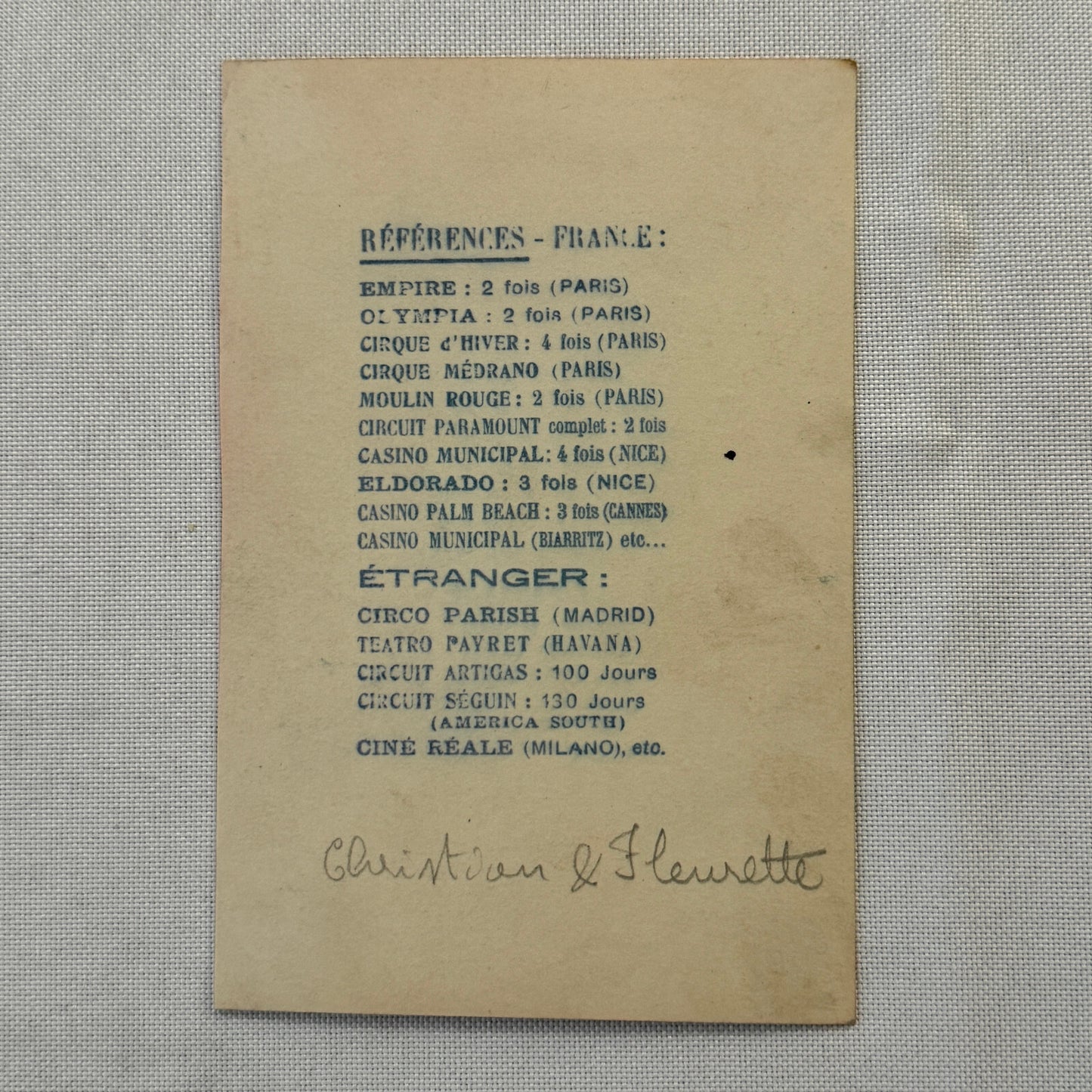 Vintage CIrcus Balancing Act Advertising Card Lot of 2 Christian & Fleurette