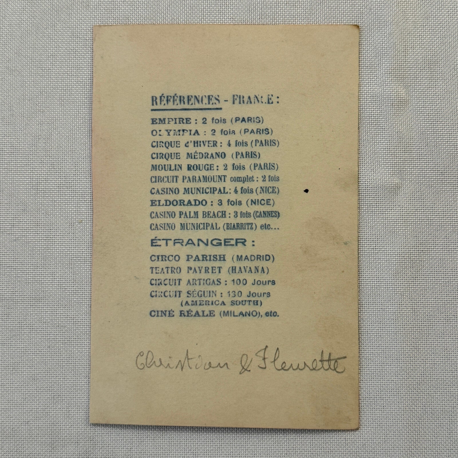 Vintage CIrcus Balancing Act Advertising Card Lot of 2 Christian & Fleurette