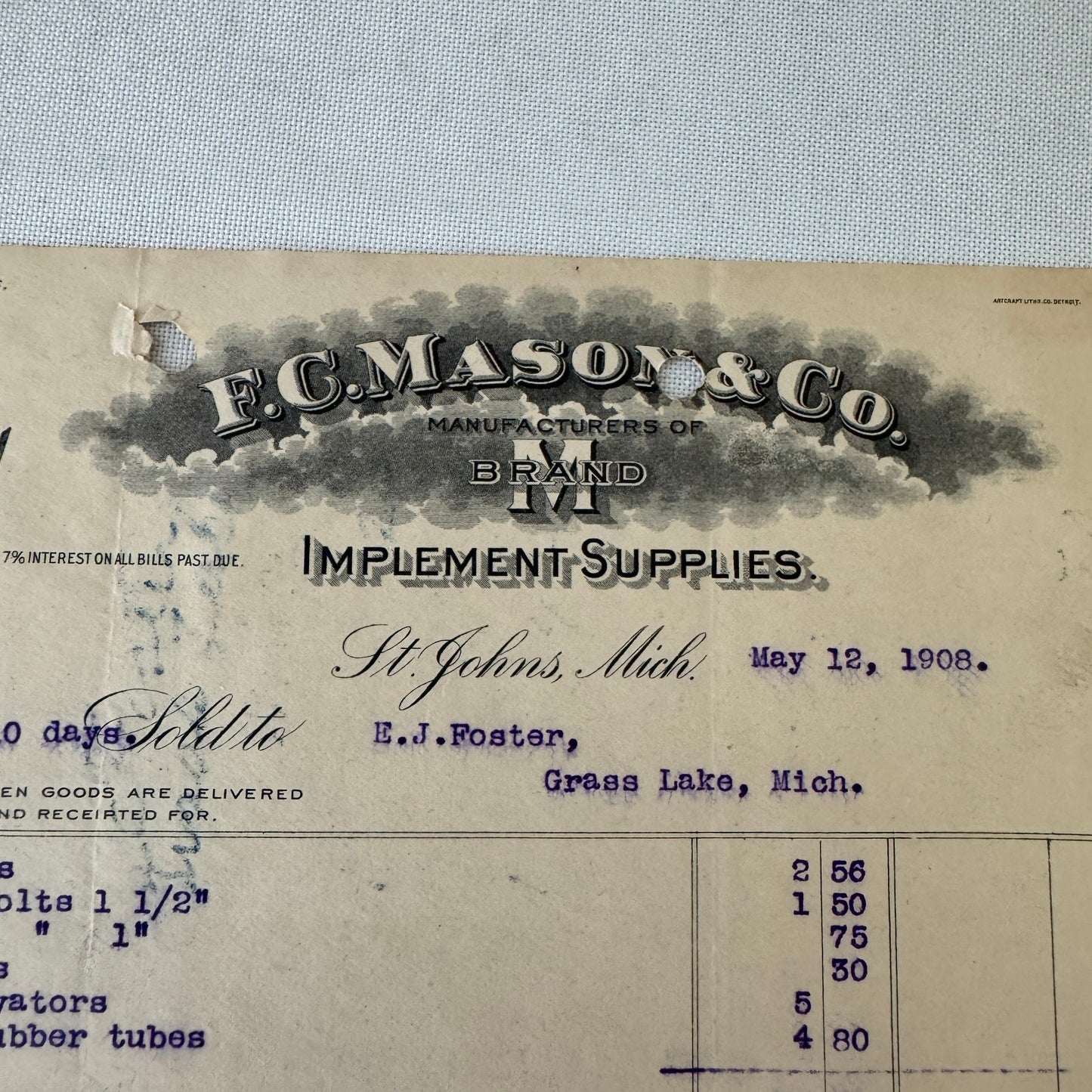 FC Mason Company M Brand Implement Invoice Receipt Document Letterhead 1908 Lot