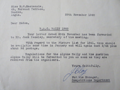 1960 Royal Automobile Club London Letter Letterhead